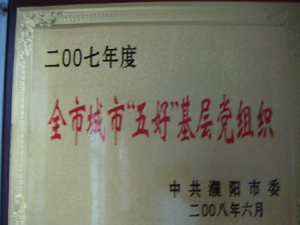 2007年度全市城市“五好”基层党组织（中共濮阳市委颁发）