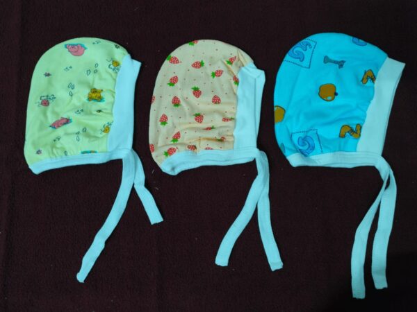 Printed Cotton Baby Caps for Newborns – Soft & Colorful Headwear (Pack of 3) with Tie-Up – Multicolor Designs