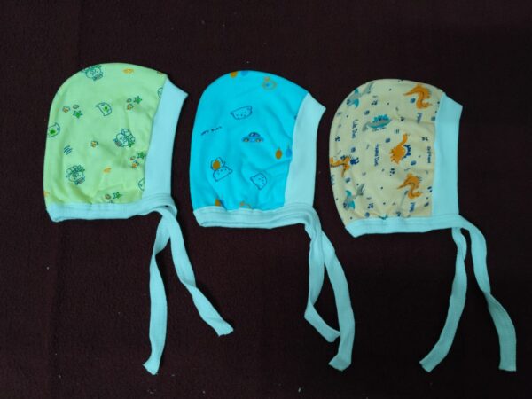 Printed Cotton Baby Caps for Newborns – Soft & Colorful Headwear (Pack of 3) with Tie-Up – Multicolor Designs