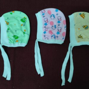 Printed Cotton Baby Caps for Newborns – Soft & Colorful Headwear (Pack of 3) with Tie-Up – Multicolor Designs
