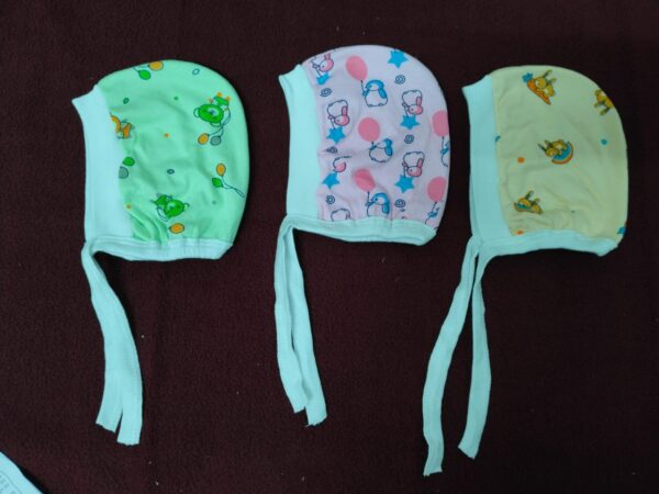Printed Cotton Baby Caps for Newborns – Soft & Colorful Headwear (Pack of 3) with Tie-Up – Multicolor Designs