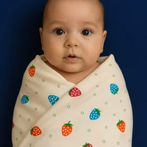 Strawberry Print Baby Wrapper Towel – Soft Swaddle for Newborns – Multipurpose Hooded Wrapper