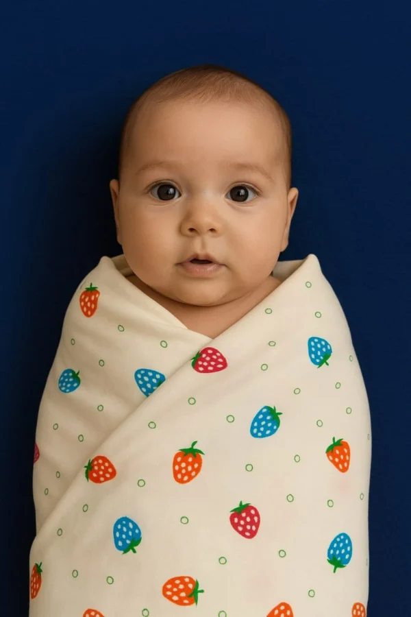 Strawberry Print Baby Wrapper Towel – Soft Swaddle for Newborns – Multipurpose Hooded Wrapper